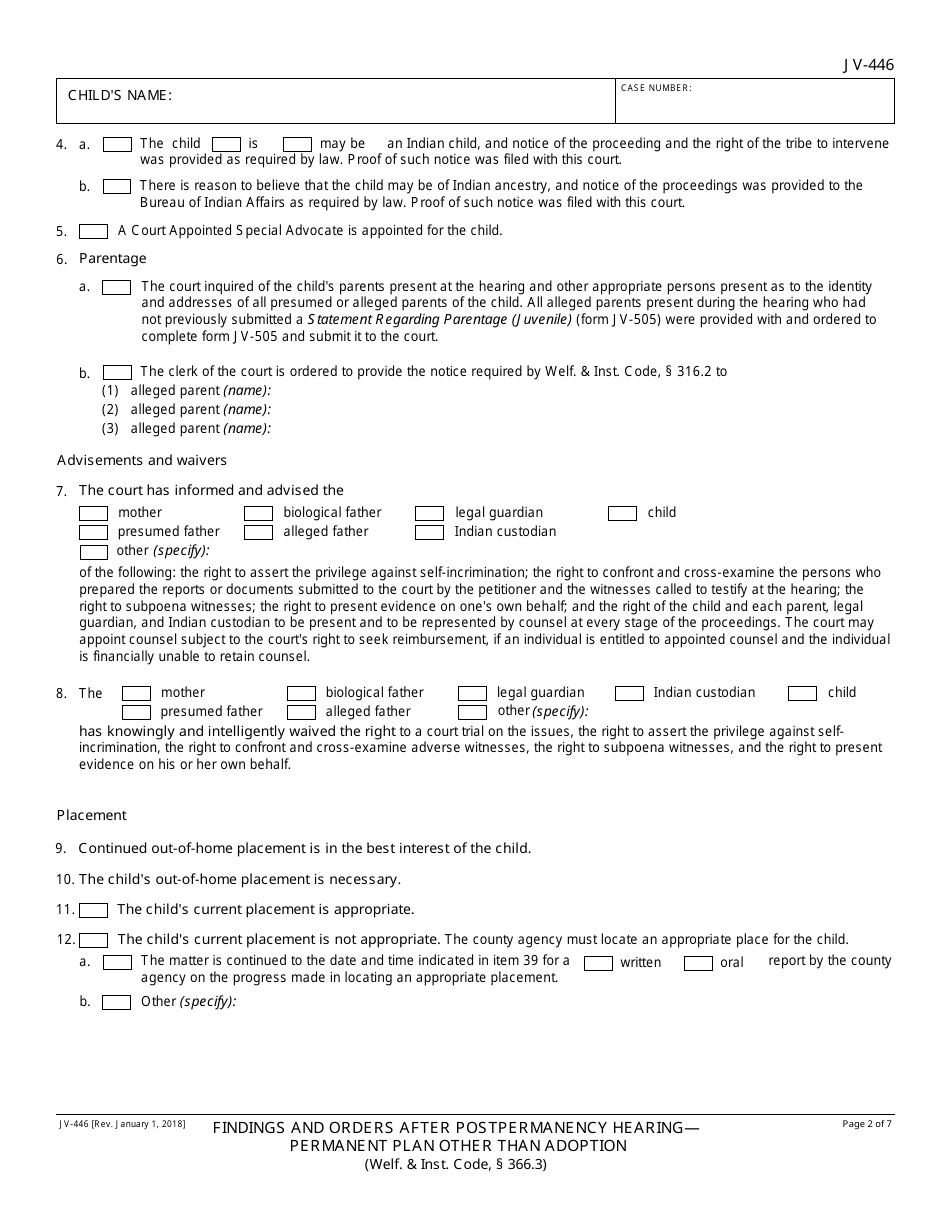 Form JV-446 Findings and Orders After Postpermanency Hearing - Permanent Plan Other Than Adoption - California, Page 2