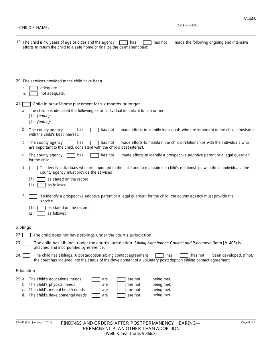 Form JV-446 Findings and Orders After Postpermanency Hearing - Permanent Plan Other Than Adoption - California, Page 4