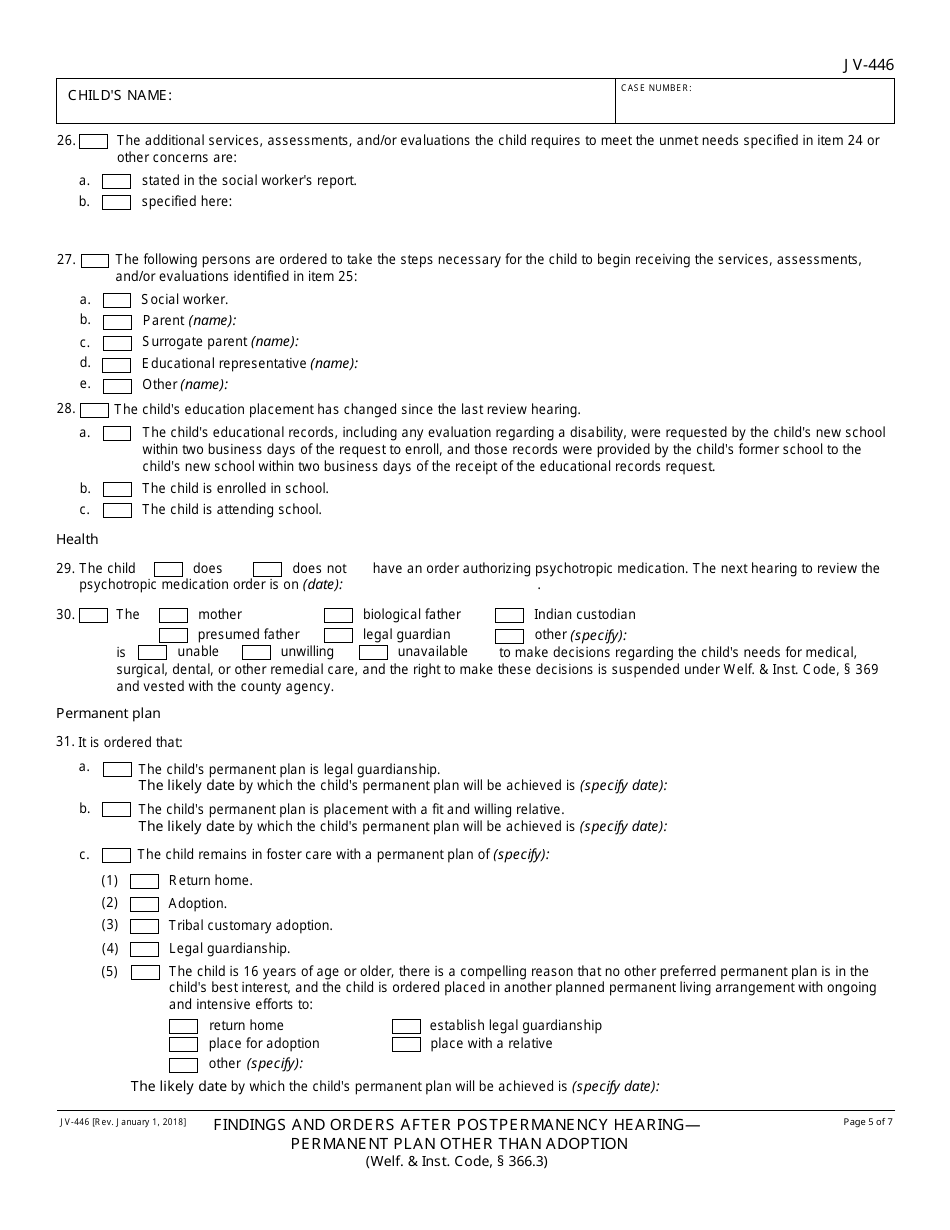 Form JV-446 Findings and Orders After Postpermanency Hearing - Permanent Plan Other Than Adoption - California, Page 5