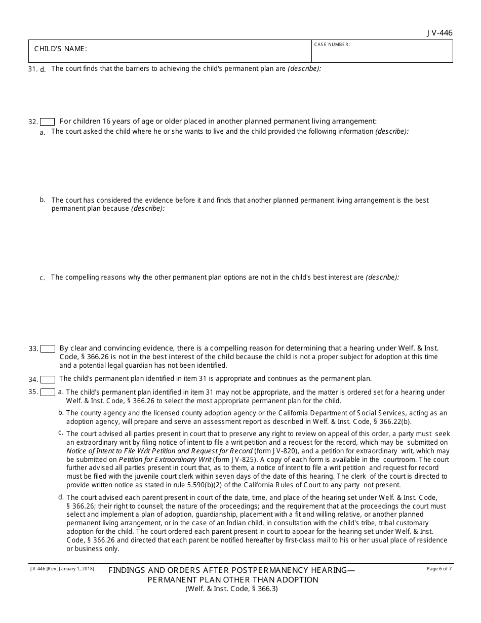 Form JV-446 Findings and Orders After Postpermanency Hearing - Permanent Plan Other Than Adoption - California, Page 6