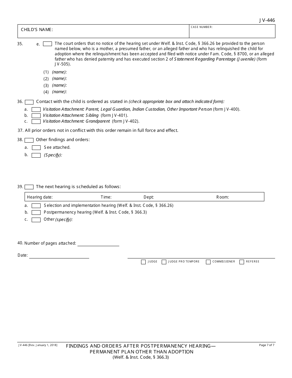Form JV-446 Findings and Orders After Postpermanency Hearing - Permanent Plan Other Than Adoption - California, Page 7