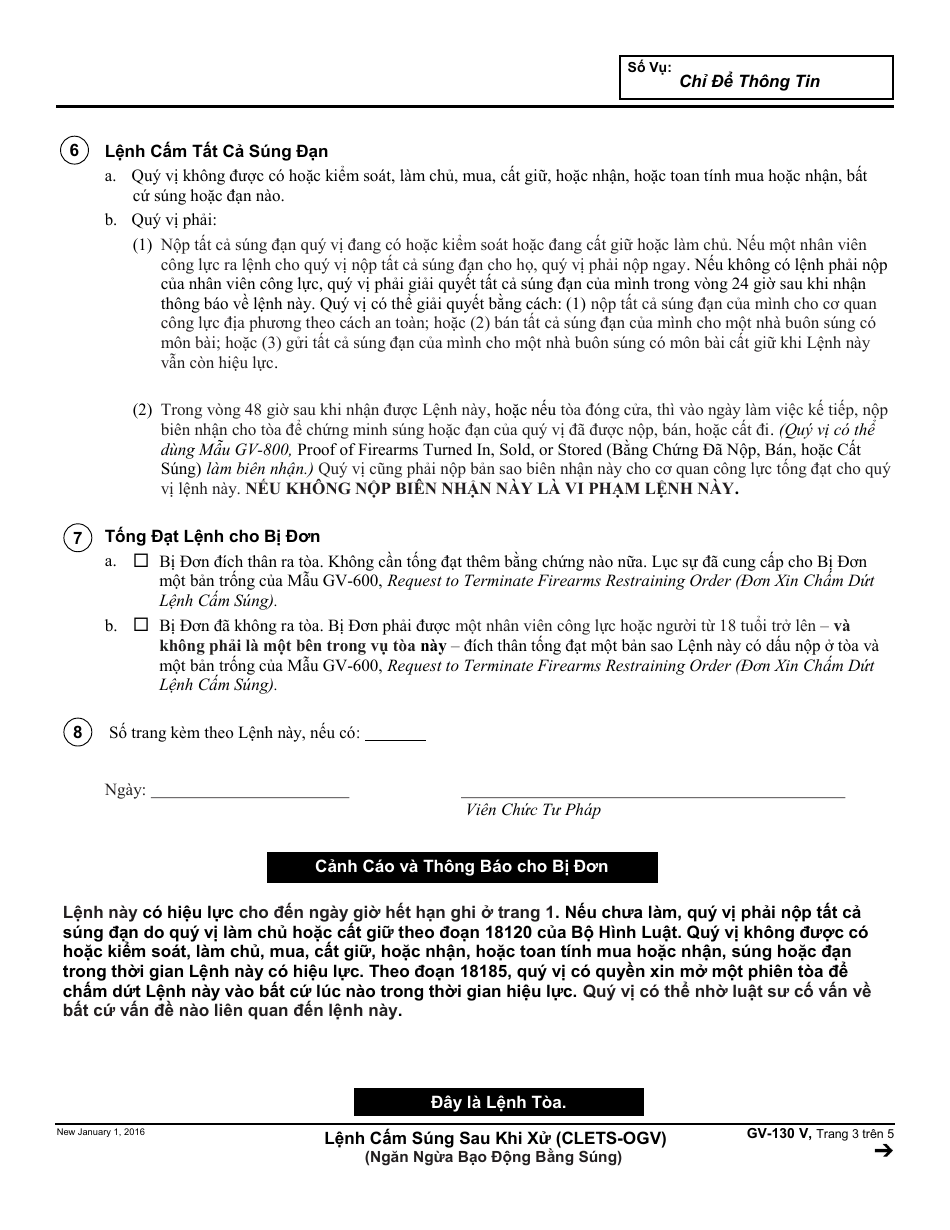 Form GV-130 V Gun Violence Restraining Order After Hearing or Consent to Gun Violence Restraining Order - California (Vietnamese), Page 3