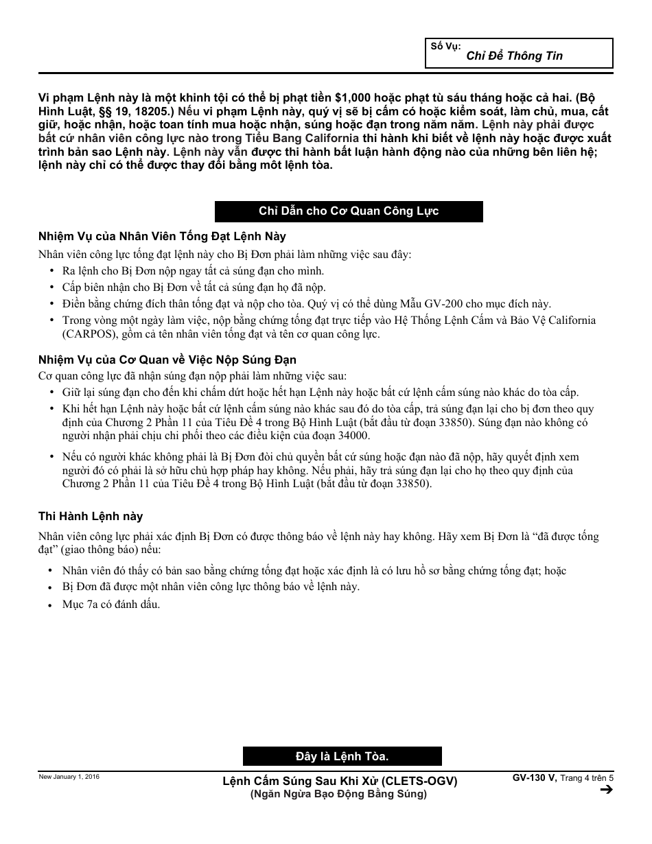 Form GV-130 V Gun Violence Restraining Order After Hearing or Consent to Gun Violence Restraining Order - California (Vietnamese), Page 4