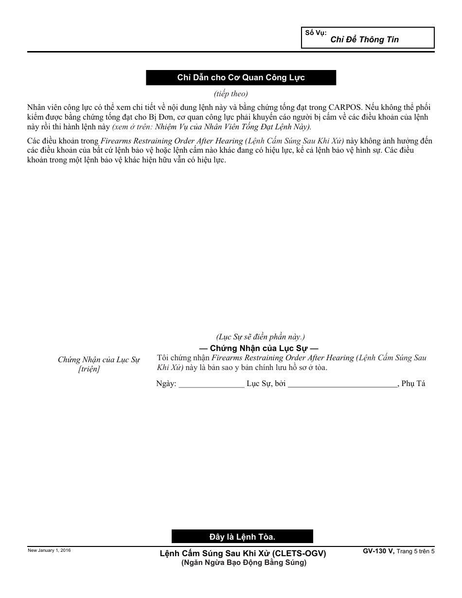 Form GV-130 V Gun Violence Restraining Order After Hearing or Consent to Gun Violence Restraining Order - California (Vietnamese), Page 5