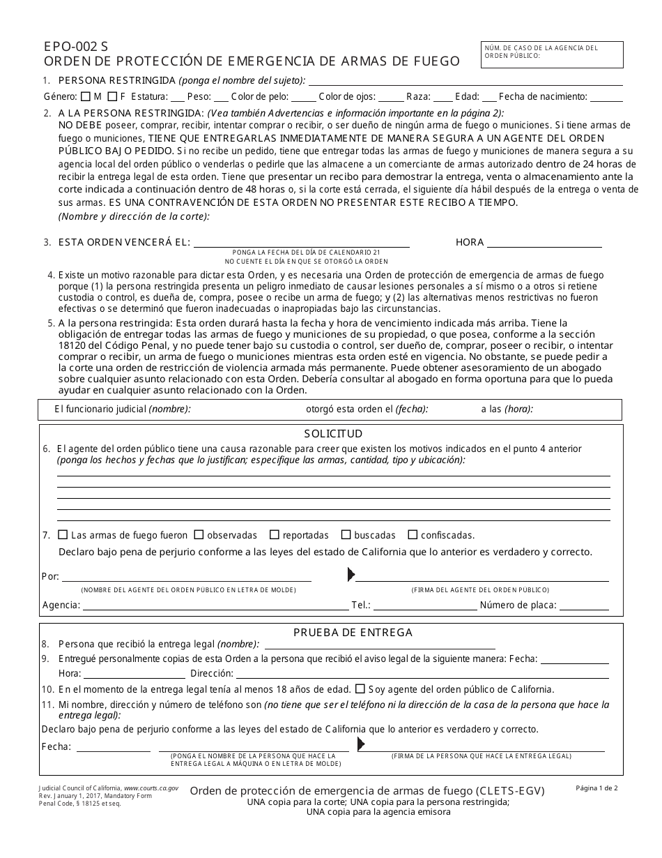 Formulario EPO-002 S Orden De Proteccion De Emergencia De Armas De Fuego - California (Spanish), Page 1