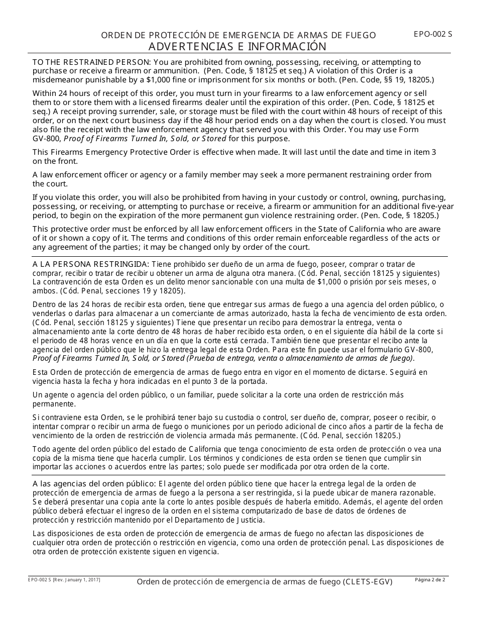 Formulario EPO-002 S Orden De Proteccion De Emergencia De Armas De Fuego - California (Spanish), Page 2