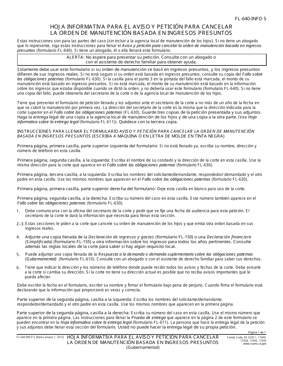 Instrucciones para Formulario FL-640 Notice and Motion to Cancel (Set Aside) Support Order Based on Presumed Income - California (Spanish), Page 1