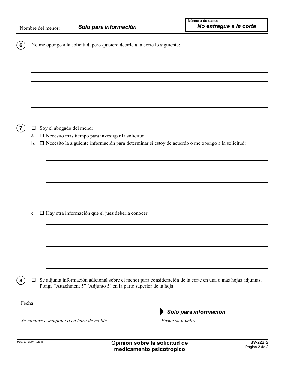 Formulario JV-222 S Opinion Sobre La Solicitud De Medicamento Psicotropico - California (Spanish), Page 2