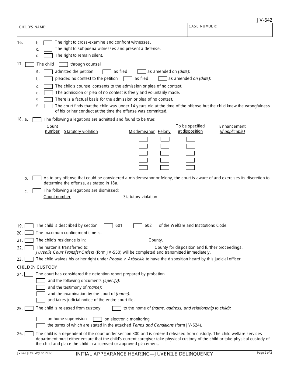 Form JV-642 Initial Appearance Hearing - Juvenile Delinquency - California, Page 2