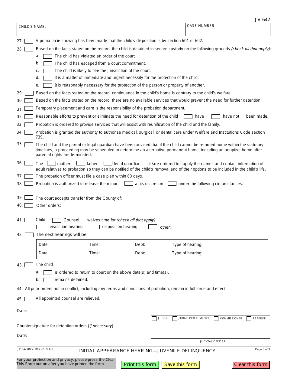 Form JV-642 Initial Appearance Hearing - Juvenile Delinquency - California, Page 3