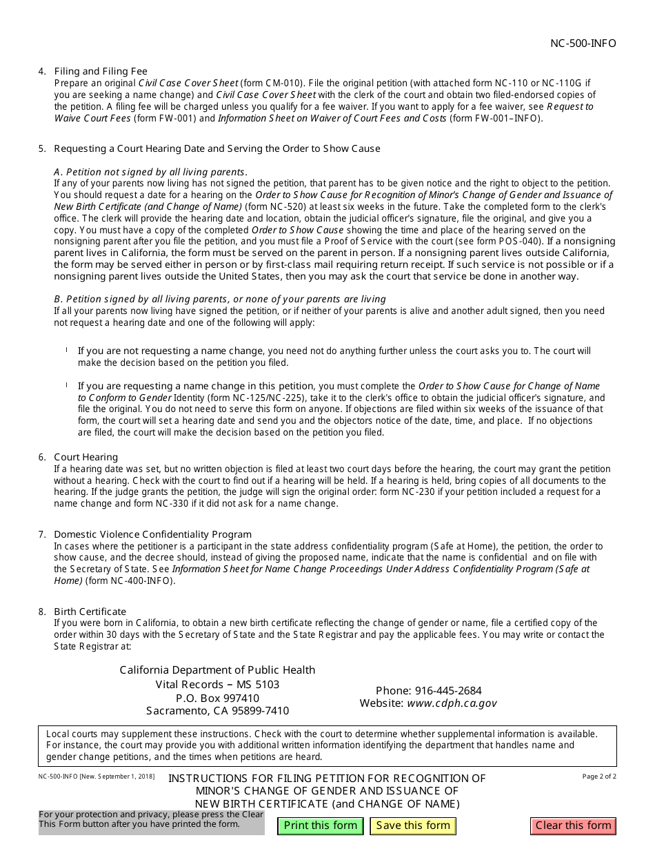 Instructions for Form NC-500 Petition for Recognition of Minors Change of Gender and Issuance of New Birth Certificate (And Change of Name) - California, Page 2
