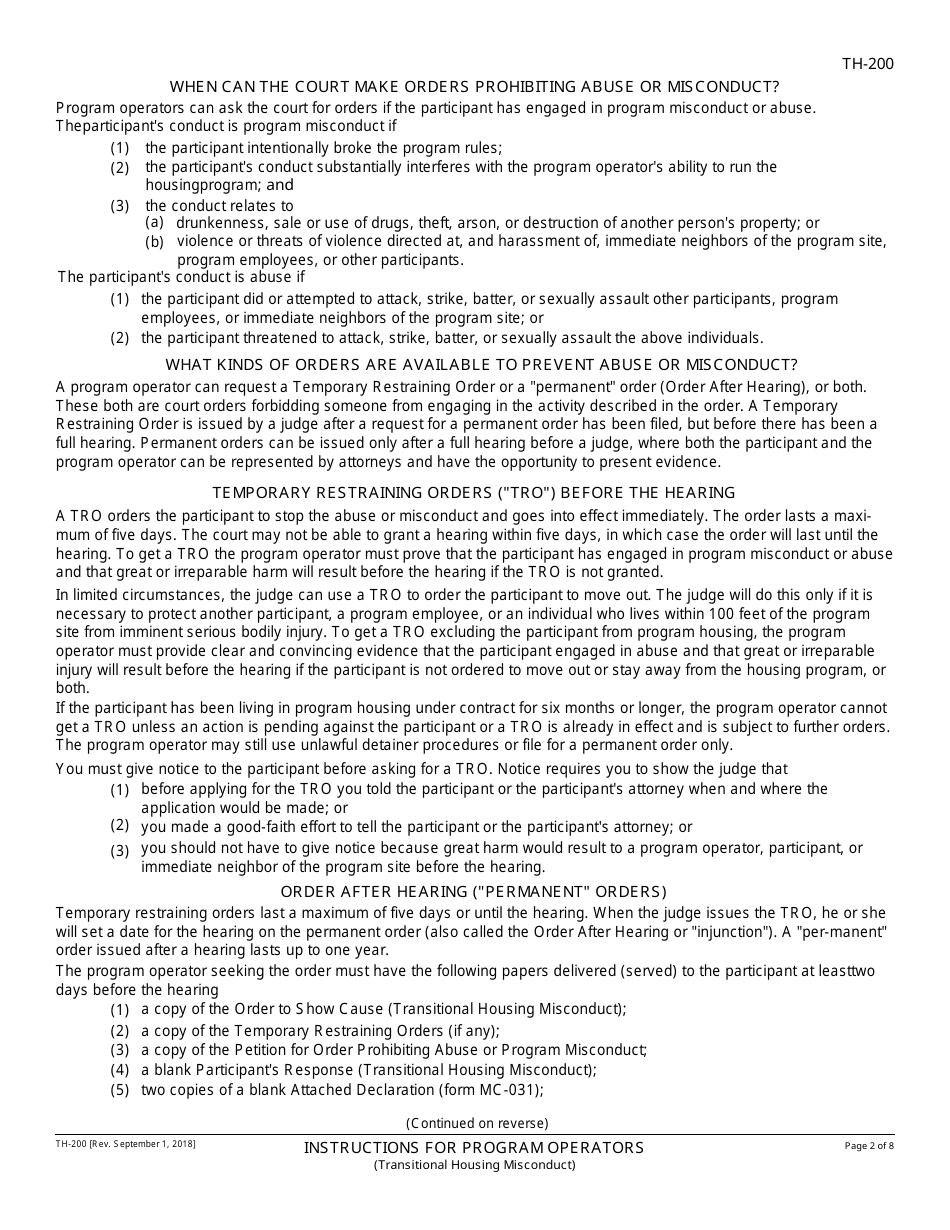 Instructions for Form TH-100 Petition for Order Prohibiting Abuse or Program Misconduct - California, Page 2