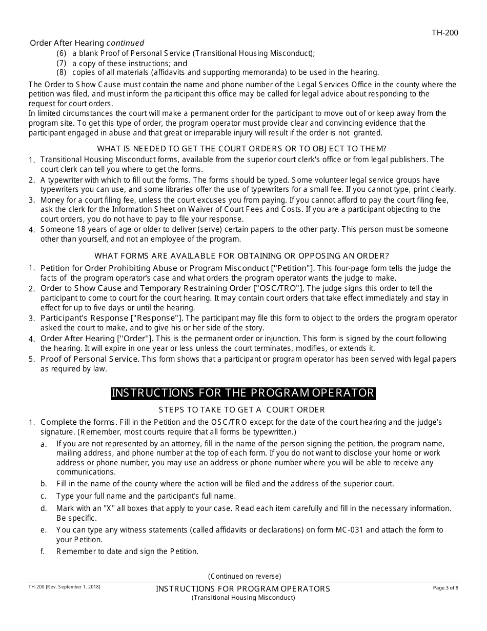 Instructions for Form TH-100 Petition for Order Prohibiting Abuse or Program Misconduct - California, Page 3