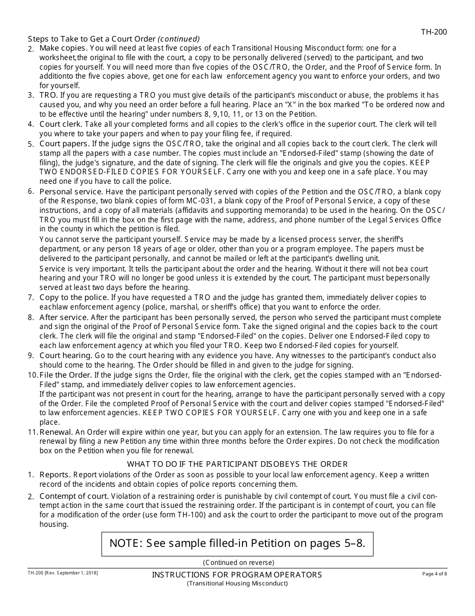 Instructions for Form TH-100 Petition for Order Prohibiting Abuse or Program Misconduct - California, Page 4