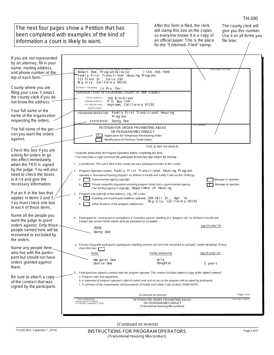 Instructions for Form TH-100 Petition for Order Prohibiting Abuse or Program Misconduct - California, Page 5