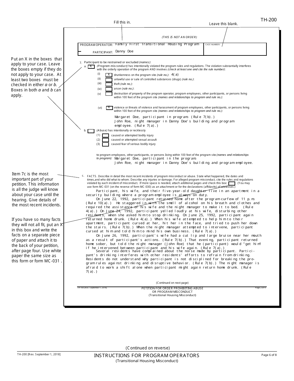 Instructions for Form TH-100 Petition for Order Prohibiting Abuse or Program Misconduct - California, Page 6