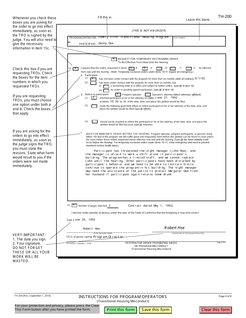 Instructions for Form TH-100 Petition for Order Prohibiting Abuse or Program Misconduct - California, Page 8