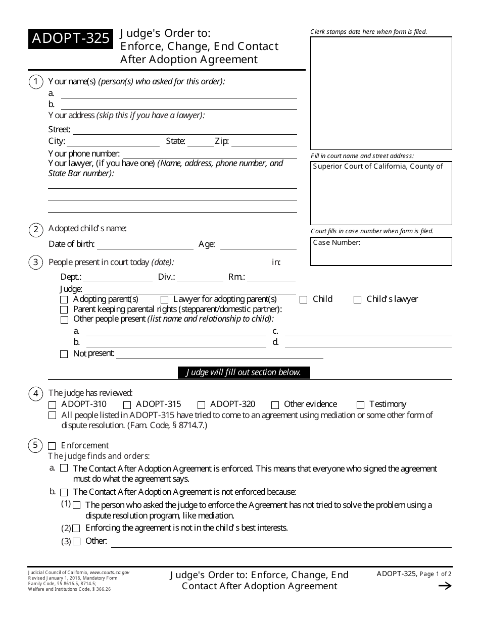 Form ADOPT-325 Judge's Order to Enforce, Change, End Contact After Adoption Agreement - California, Page 1