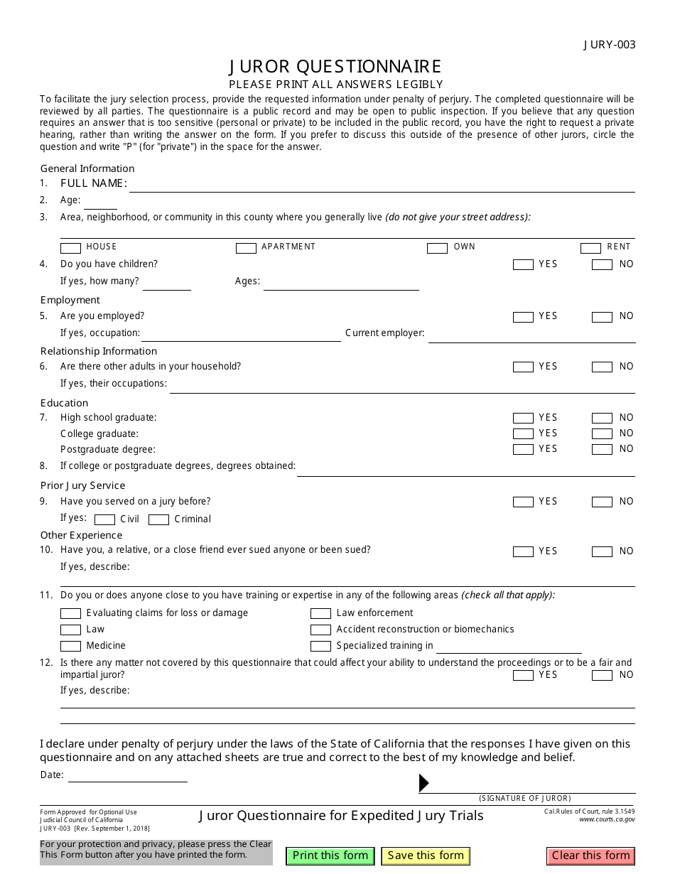 Form JURY-003 Juror Questionnaire - California, Page 1