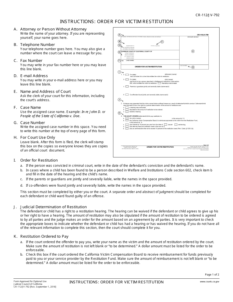 Instructions for Form CR-110, JV-790 Order for Victim Restitution - California, Page 1