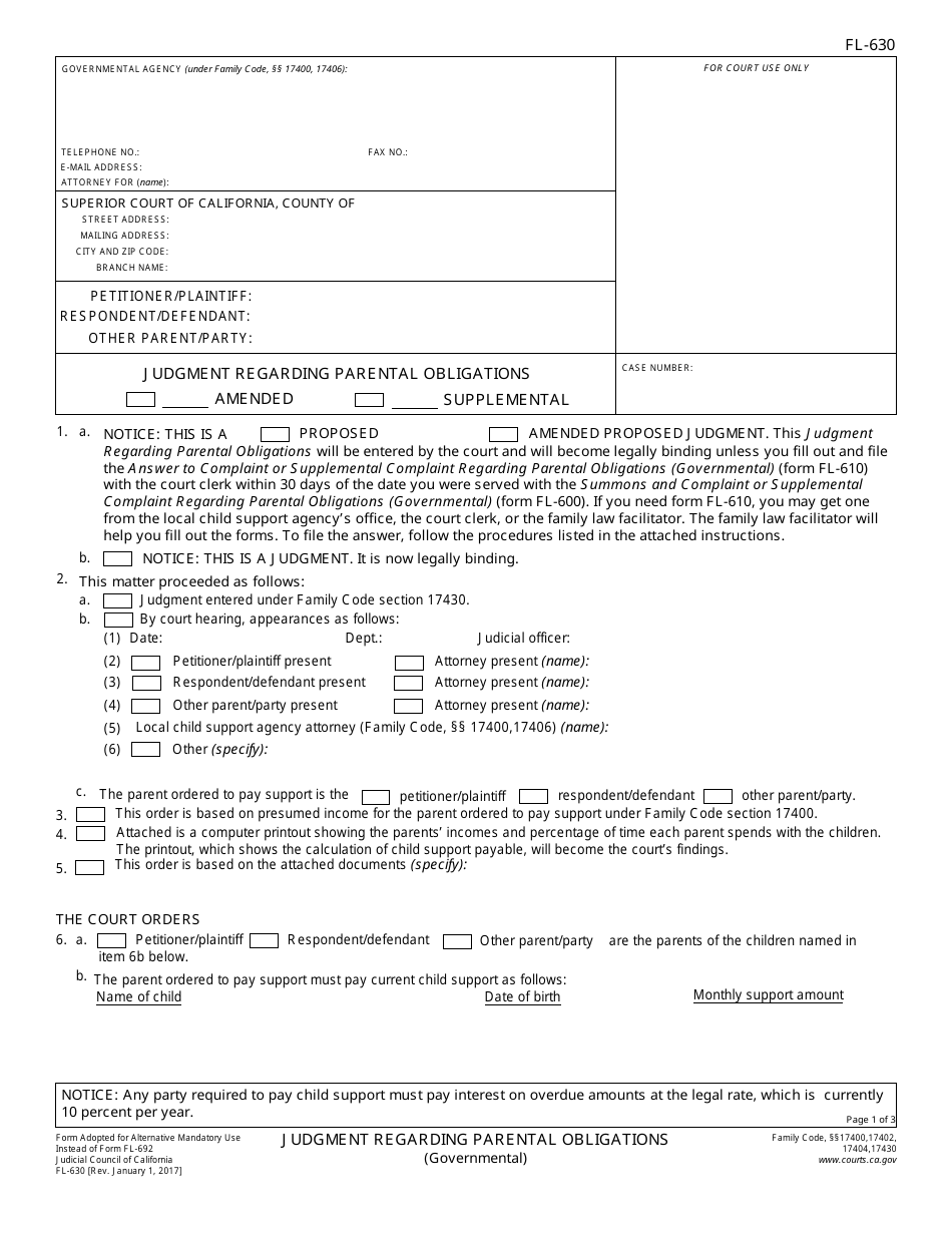 Form FL-630 Judgment Regarding Parental Obligations - California, Page 1
