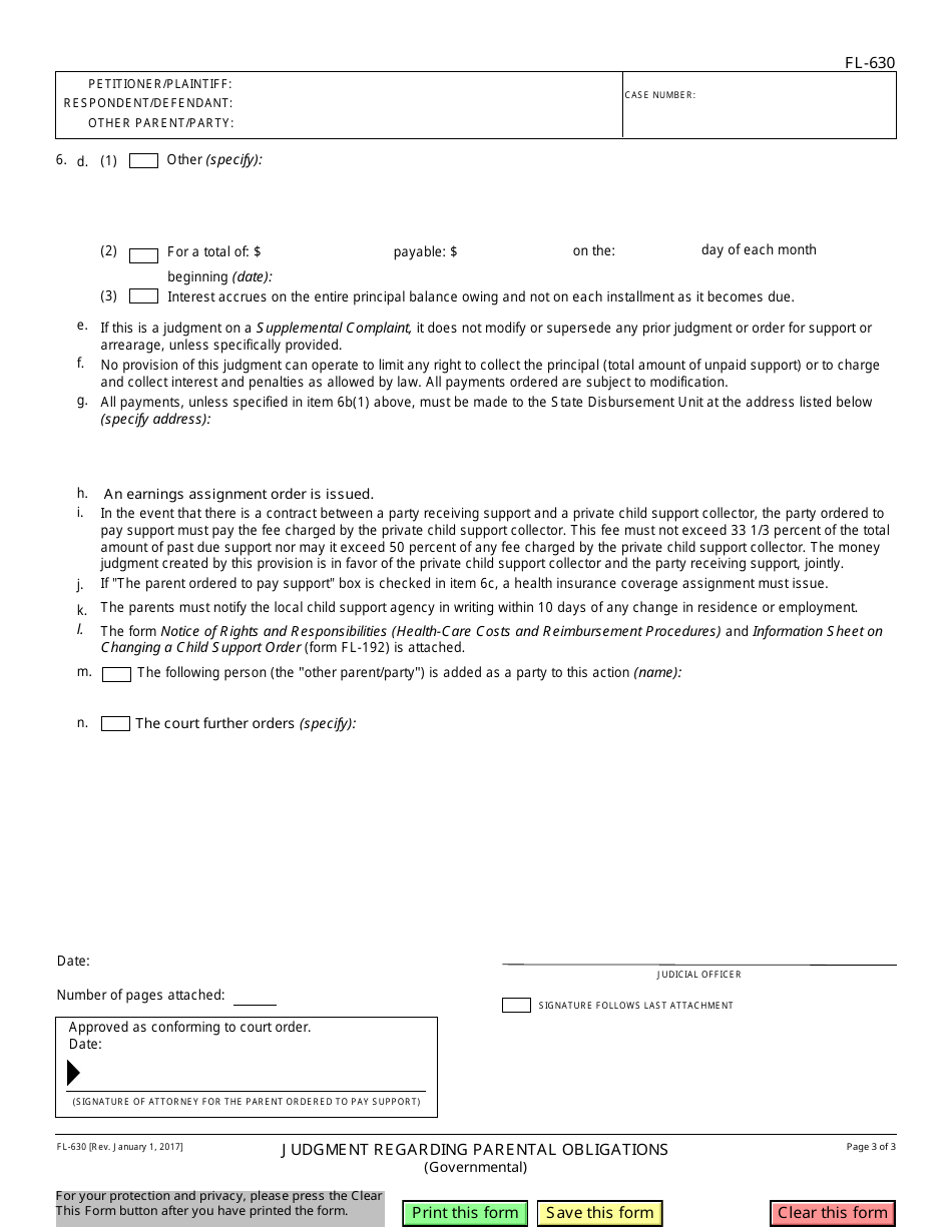 Form FL-630 Judgment Regarding Parental Obligations - California, Page 3