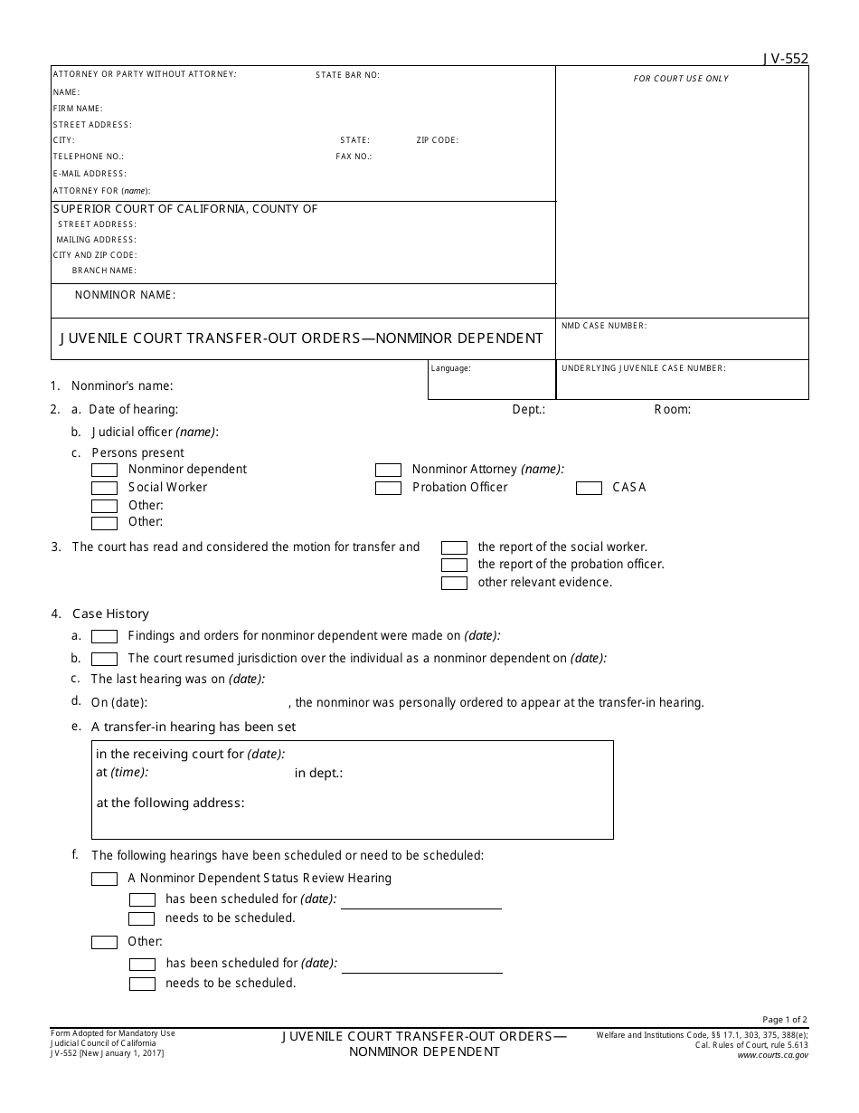 Form JV-552 Juvenile Court Transfer-Out Ordersnonminor Dependent - California, Page 1