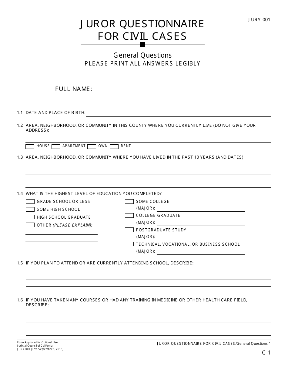 Form JURY-001 Juror Questionnaire for Civil Cases - California, Page 3