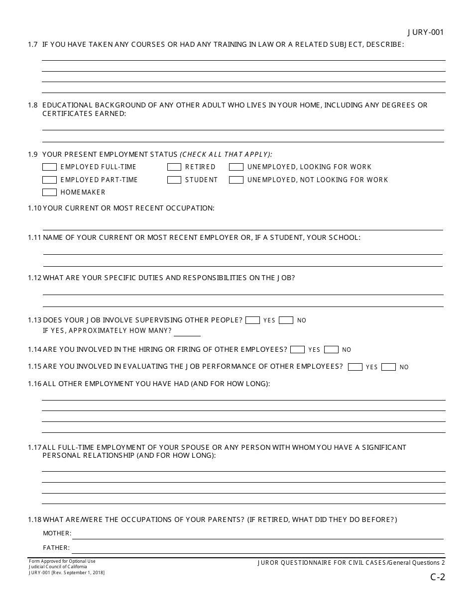 Form JURY-001 Juror Questionnaire for Civil Cases - California, Page 4