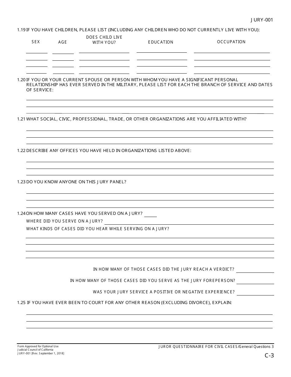 Form JURY-001 Juror Questionnaire for Civil Cases - California, Page 5