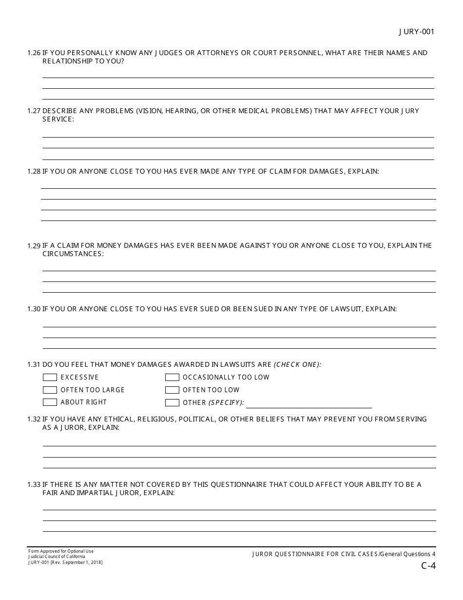 Form JURY-001 Juror Questionnaire for Civil Cases - California, Page 6