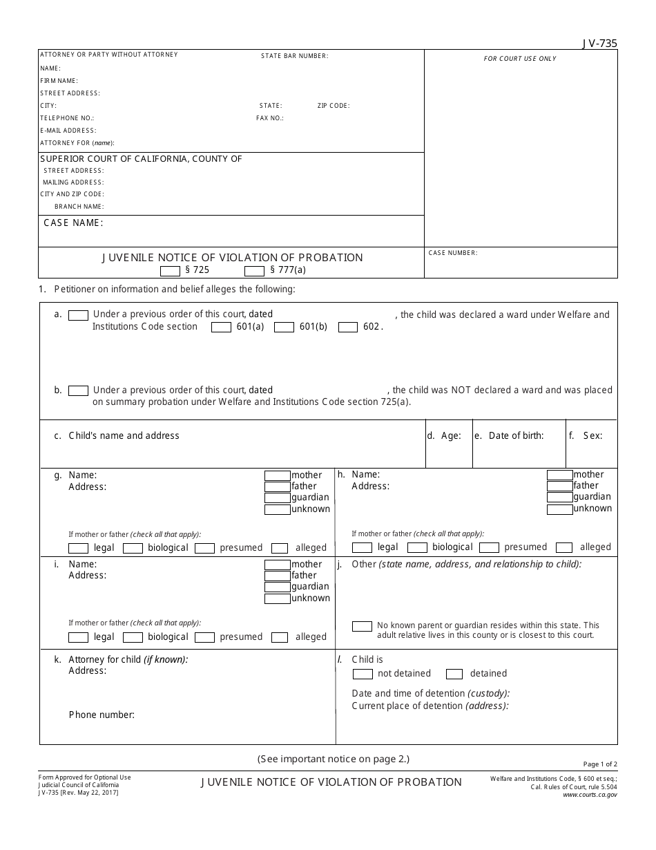 Form JV-735 Juvenile Notice of Violation of Probation - California, Page 1