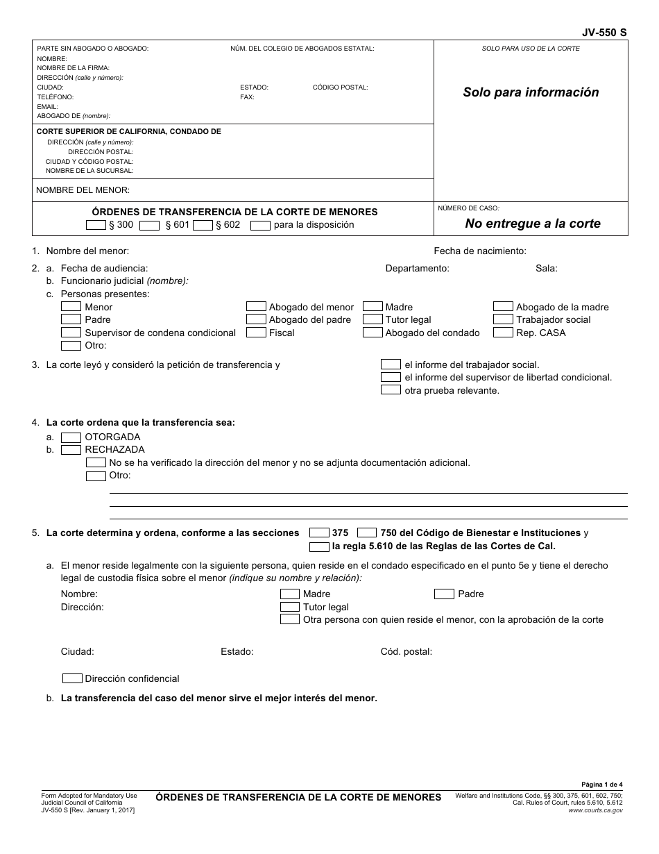 Formulario JV-550 S Ordenes De Transferencia De La Corte De Menores - California (Spanish), Page 1