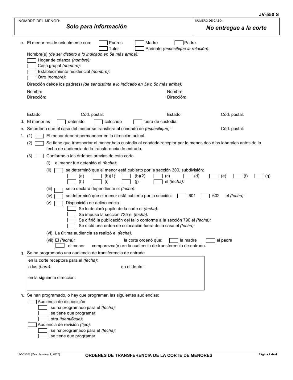 Formulario JV-550 S Ordenes De Transferencia De La Corte De Menores - California (Spanish), Page 2
