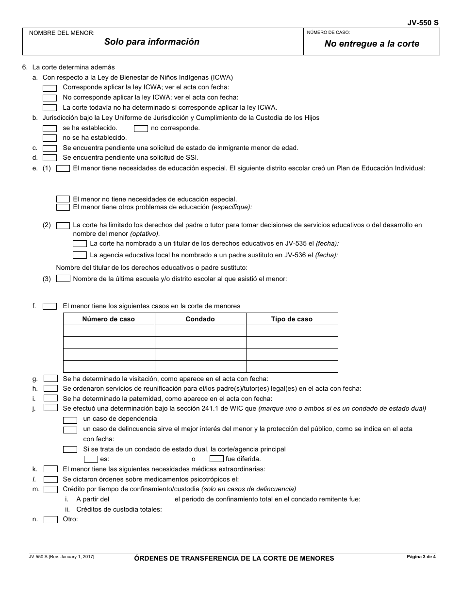 Formulario JV-550 S Ordenes De Transferencia De La Corte De Menores - California (Spanish), Page 3