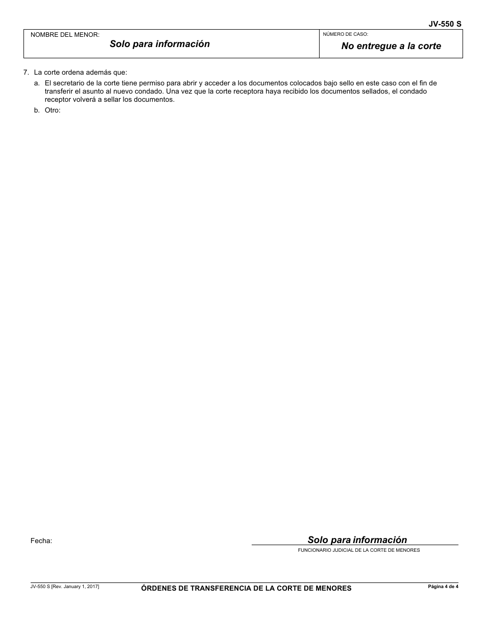 Formulario JV-550 S Ordenes De Transferencia De La Corte De Menores - California (Spanish), Page 4