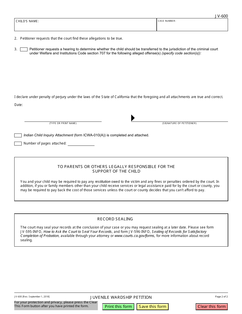 Form JV-600 Juvenile Wardship Petition - California, Page 2