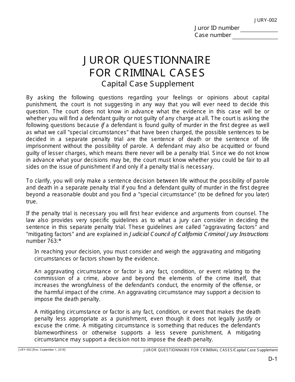 Form JURY-002 Juror Questionnaire for Criminal Cases - California, Page 11