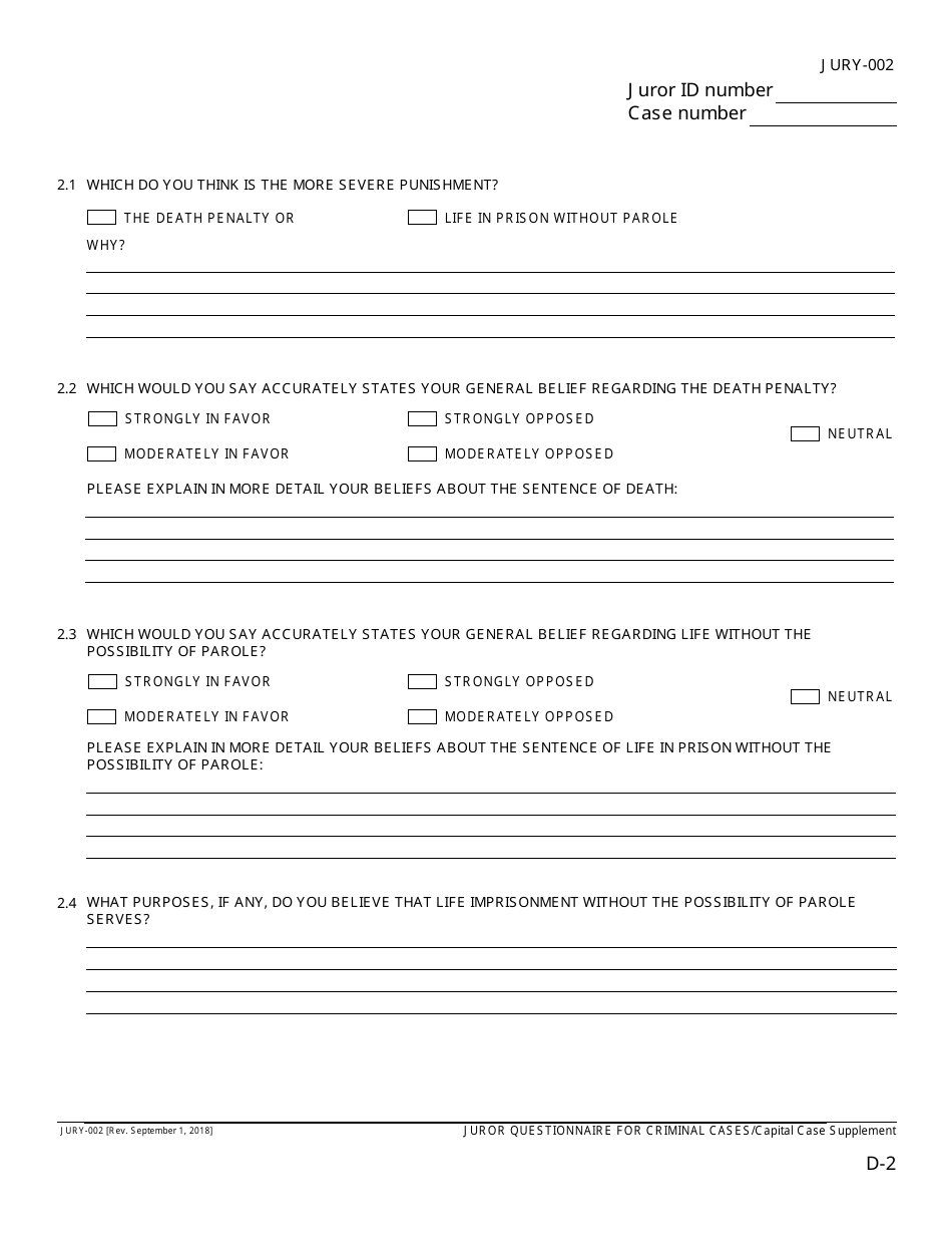 Form JURY-002 Juror Questionnaire for Criminal Cases - California, Page 13
