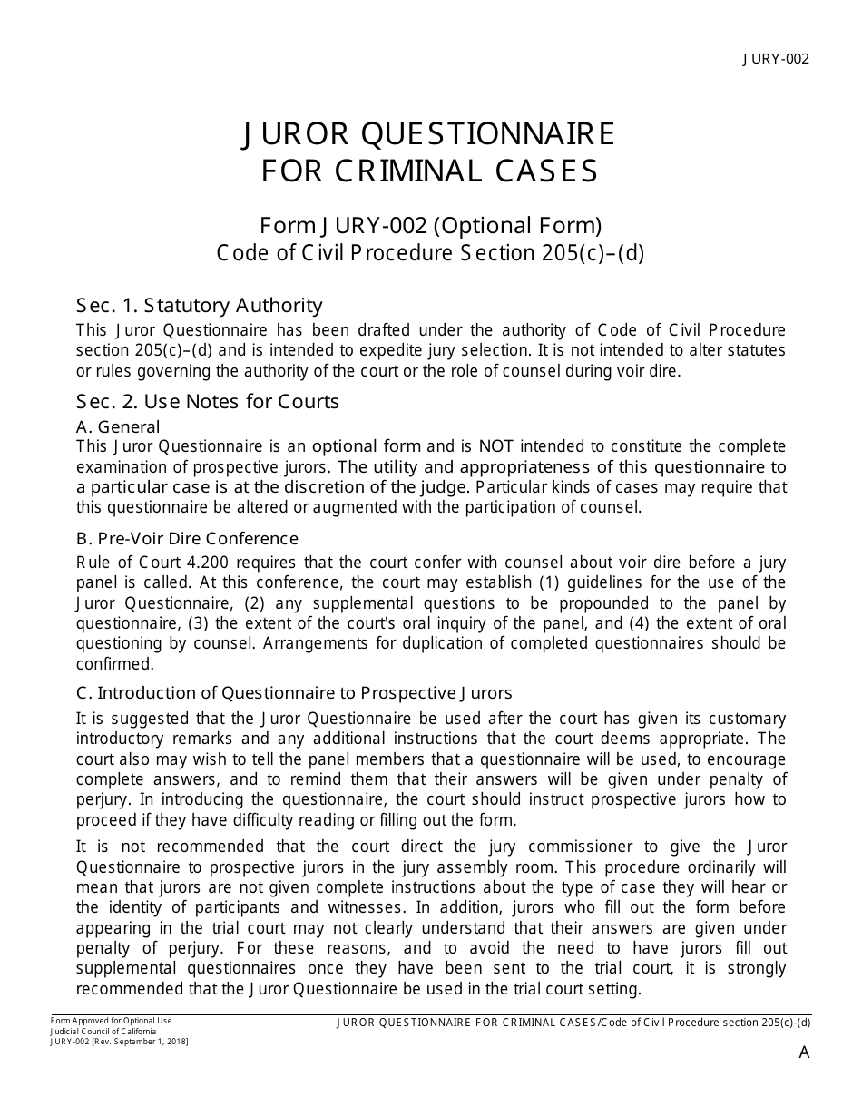 Form JURY-002 Juror Questionnaire for Criminal Cases - California, Page 1