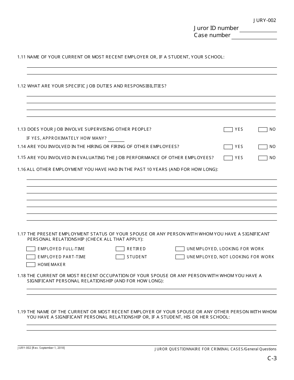 Form JURY-002 Juror Questionnaire for Criminal Cases - California, Page 5