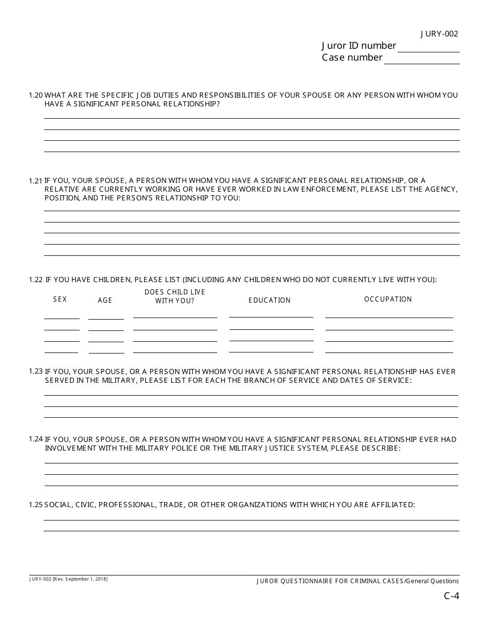 Form JURY-002 Juror Questionnaire for Criminal Cases - California, Page 6
