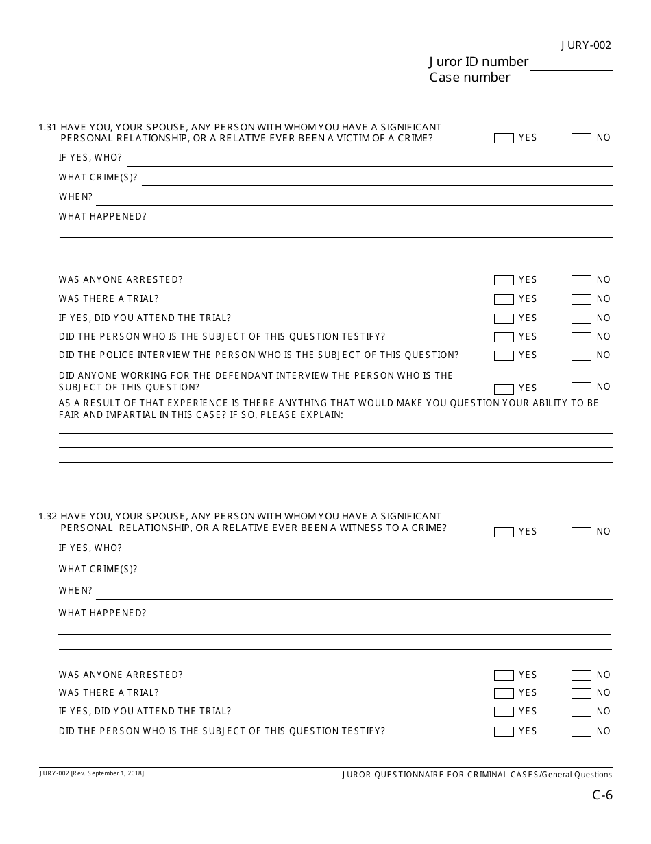 Form JURY-002 Juror Questionnaire for Criminal Cases - California, Page 8
