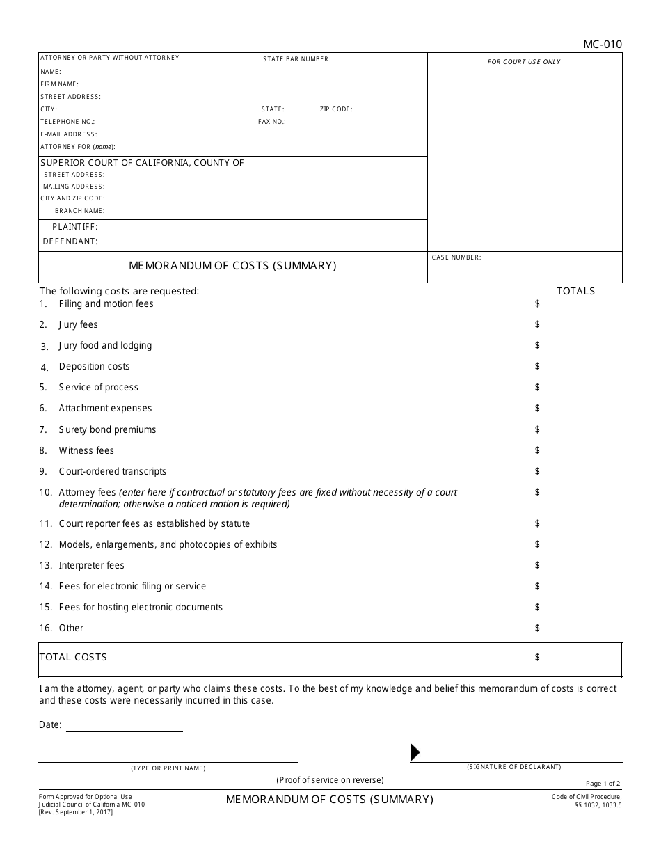 Form MC-010 Memorandum of Costs (Summary) - California, Page 1