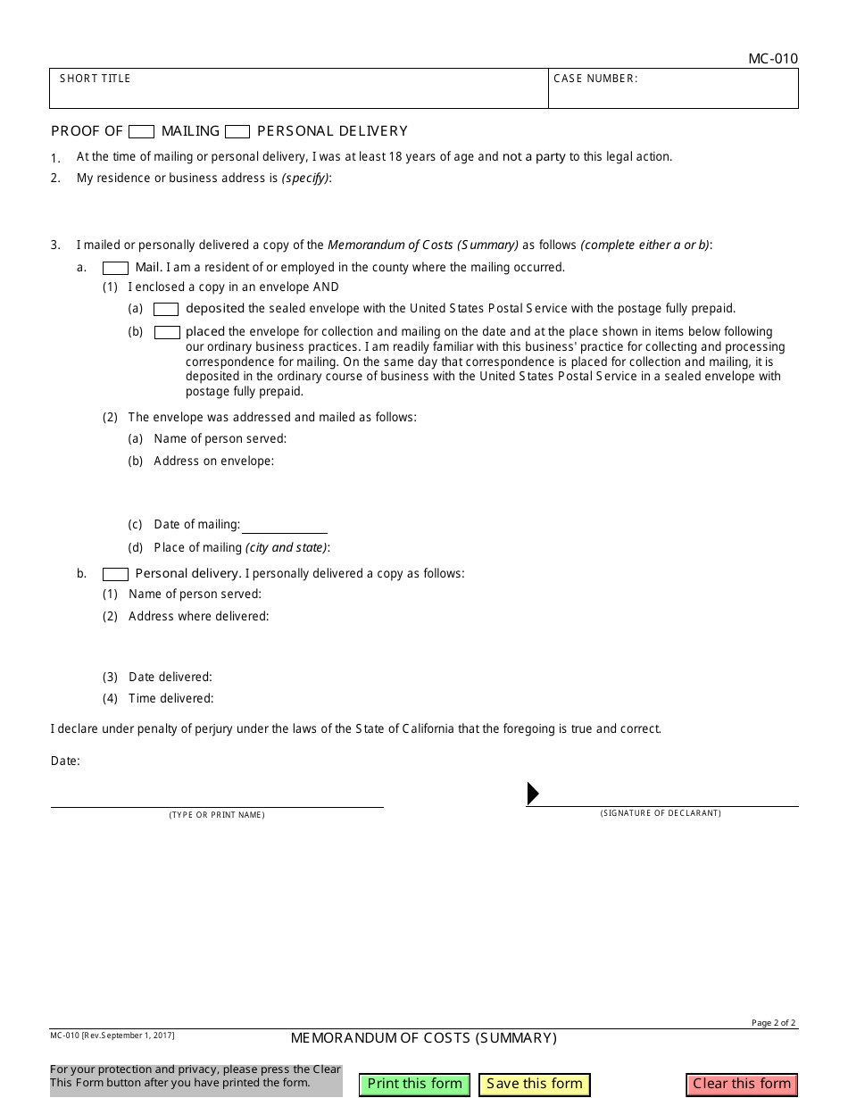 Form MC-010 Memorandum of Costs (Summary) - California, Page 2