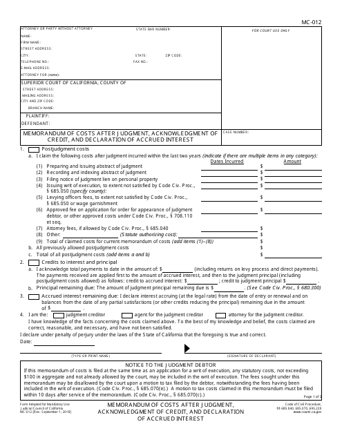 Form MC-012  Printable Pdf