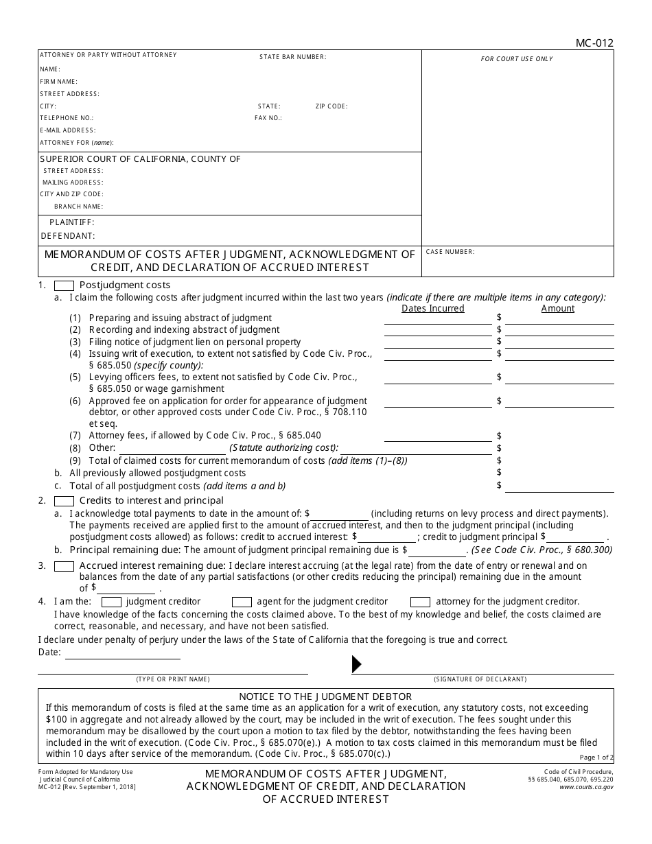 Form MC-012 Download Fillable PDF or Fill Online Memorandum of Costs After Judgment ...