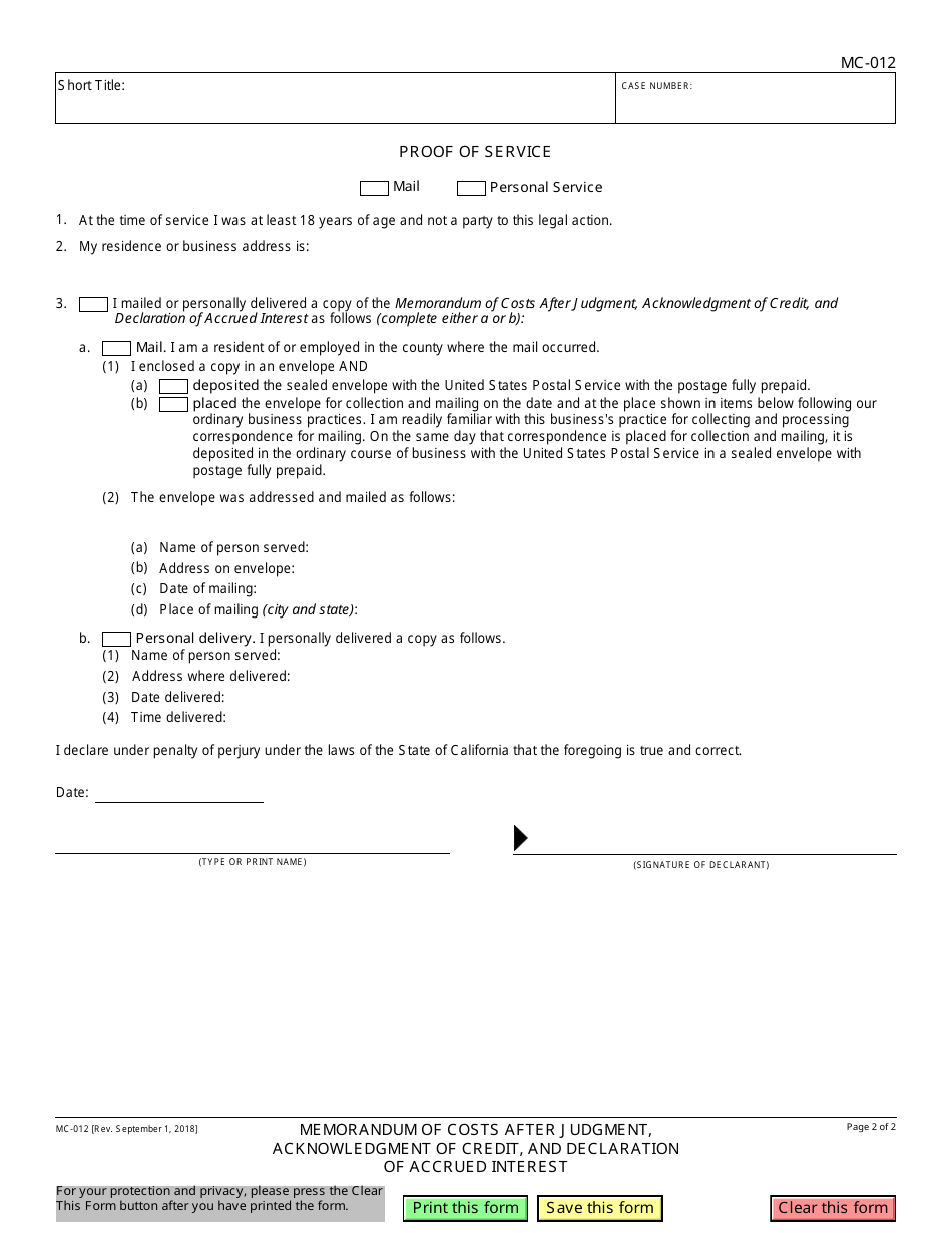 Form MC-012 Memorandum of Costs After Judgment, Acknowledgment of Credit, and Declaration of Accrued Interest - California, Page 2