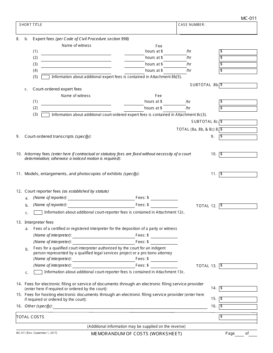 Form MC-011 Memorandum of Costs (Worksheet) - California, Page 3