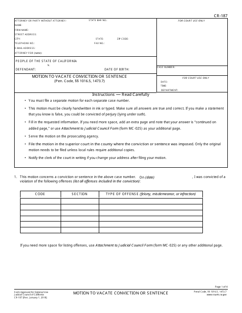 Form CR-187  Printable Pdf